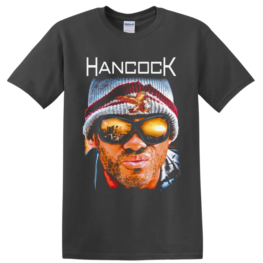John Hancock Hancock portrait with knit cap, mirrored sunglasses, and city reflections on a Charcoal T Shirt