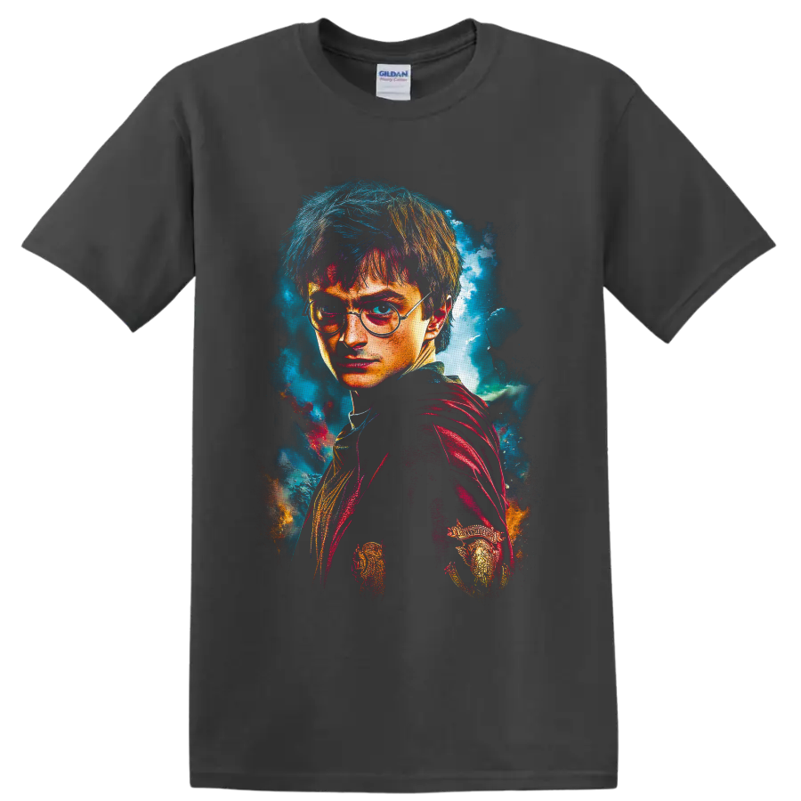 Harry Potter wizard portrait in vivid textured fantasy art with round glasses on a Charcoal T Shirt