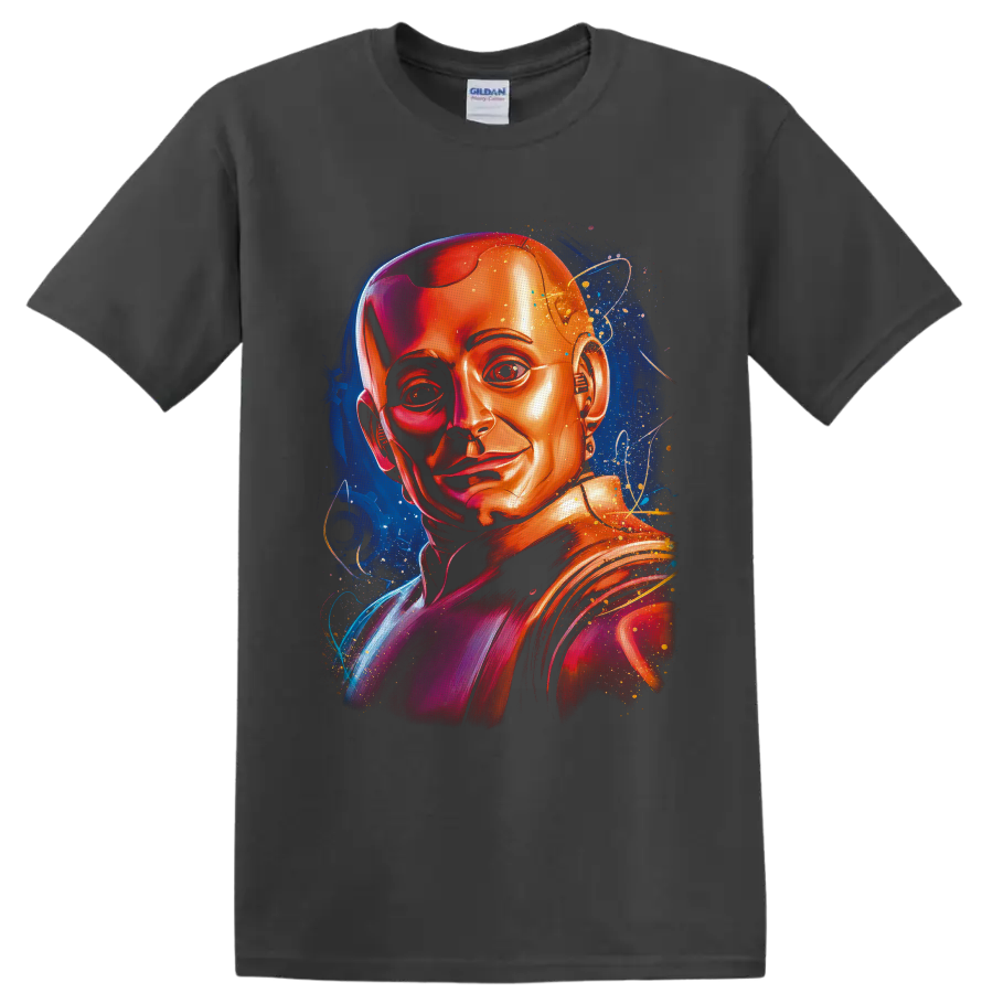 Cyborg portrait in vivid metallic tones with cosmic stars and orbital line art on a Charcoal T Shirt