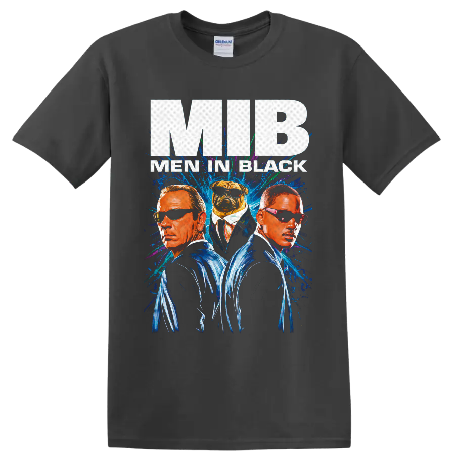 Agent J, Agent K and Frank the Pug in neon Men in Black II poster art on a Charcoal T Shirt