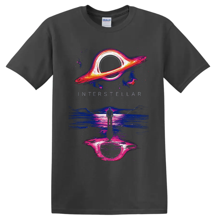 Neon Interstellar astronaut beneath a glowing black hole over reflective alien water on a Charcoal T Shirt