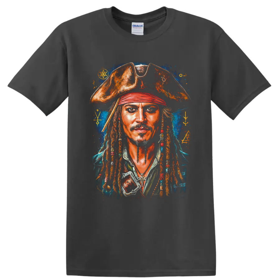 Captain Jack Sparrow painterly pirate portrait with tricorn hat and mystical blue backdrop on a Charcoal T Shirt