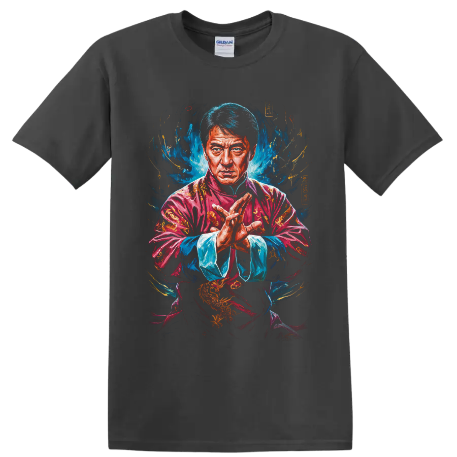 Jackie Chan as Mr. Han in a vivid painterly martial arts portrait on a Charcoal T Shirt