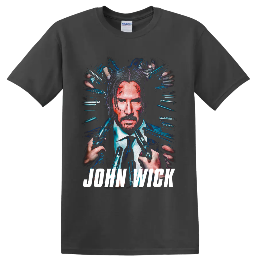 John Wick neon portrait with surrounding pistols and bold white title lettering on a Charcoal T Shirt