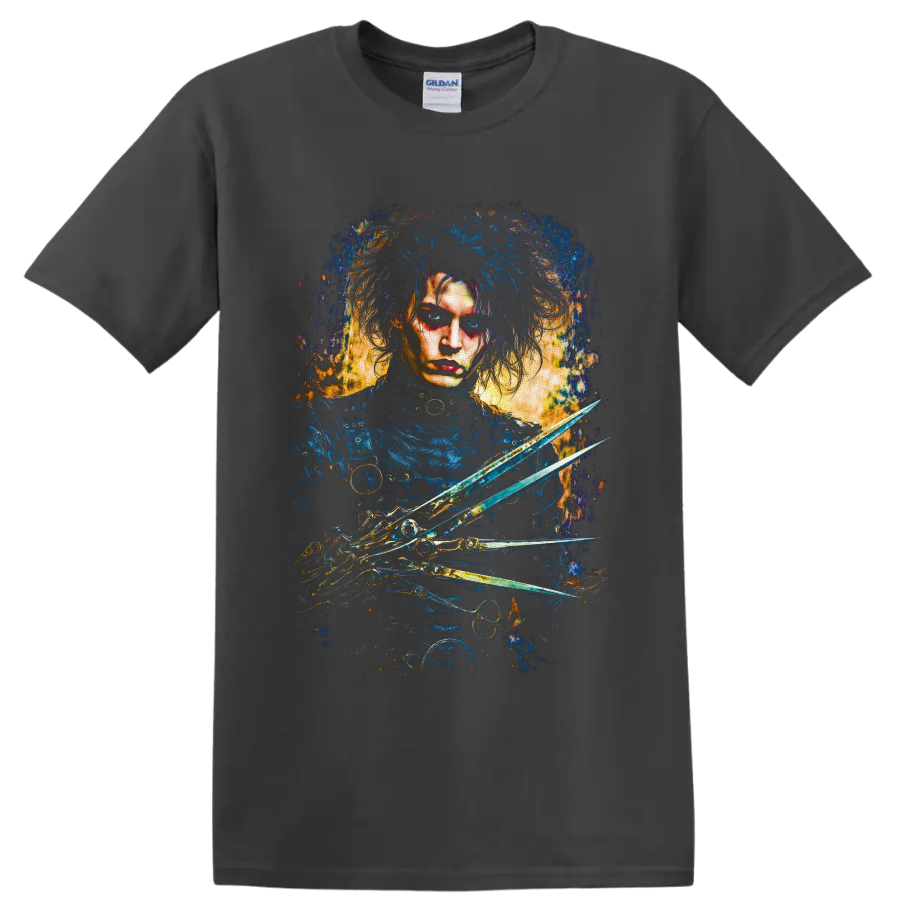 Edward Scissorhands gothic portrait with blue hair, scissor hands, and gold splatter art on a Charcoal T Shirt