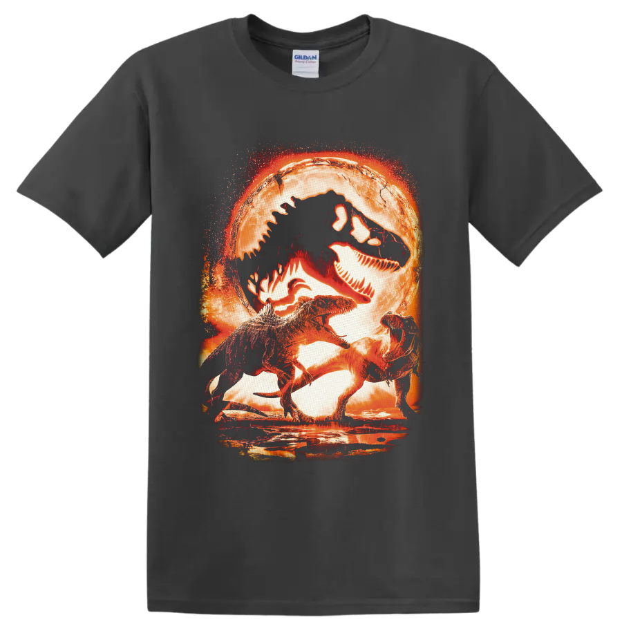 Jurassic World T Rex dinosaurs beneath a fiery fossil skull in distressed cinematic art on a Charcoal T Shirt