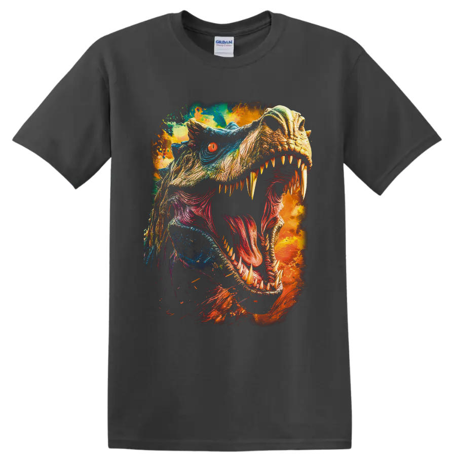 Jurassic World Tyrannosaurus rex roaring color-splash dinosaur art on a Charcoal T Shirt