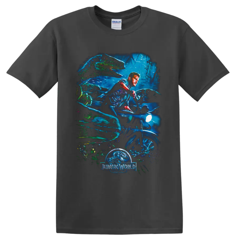 Owen Grady on motorcycle with dinosaurs in neon underwater Jurassic World artwork on a Charcoal T Shirt