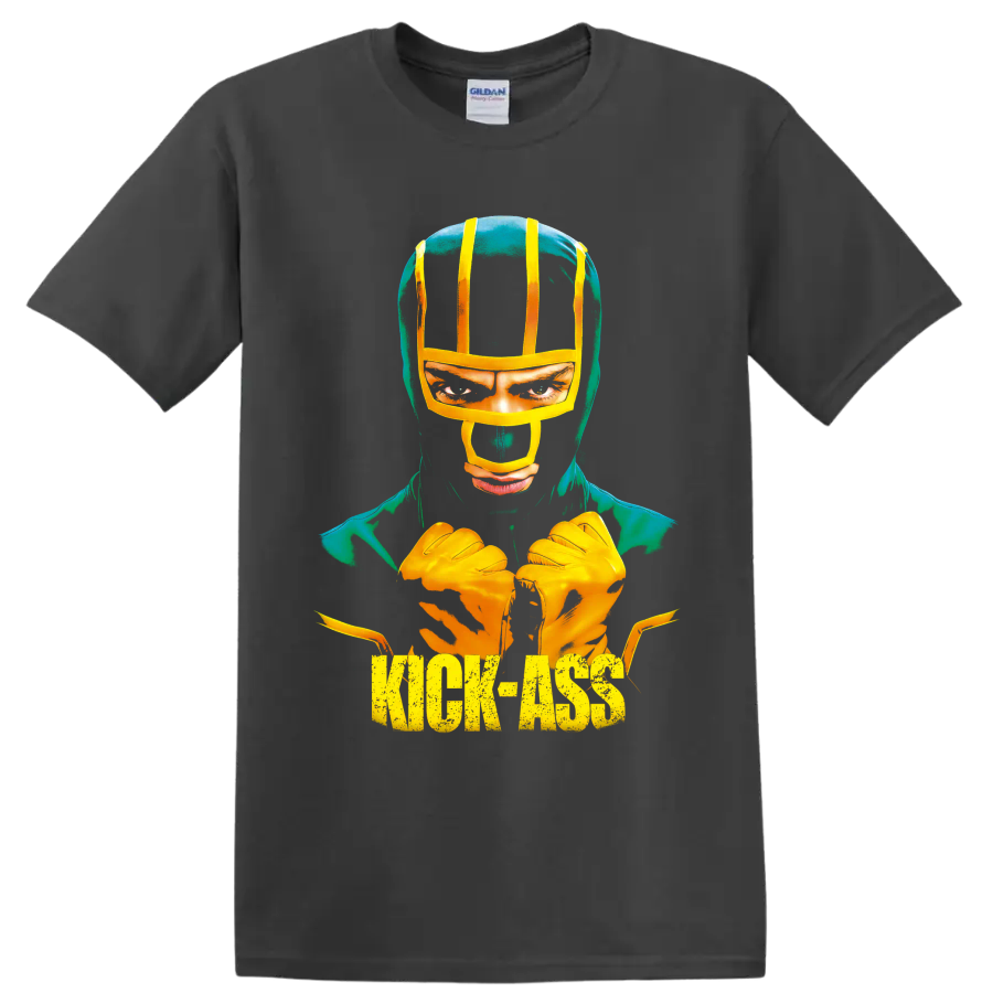 Dave Lizewski as Kick-Ass in a distressed comic-style masked hero graphic on a Charcoal T Shirt