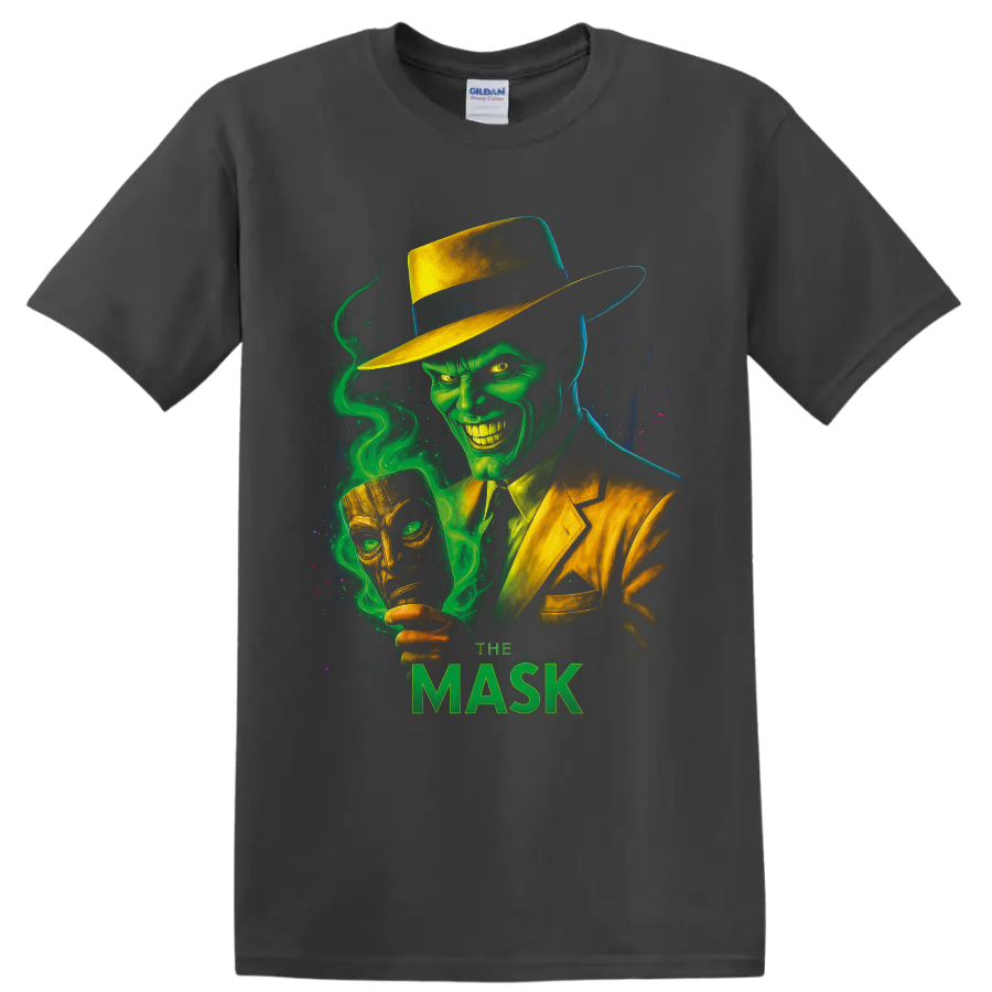 The Mask green-faced character in yellow suit with swirling smoke and golden mask on a Charcoal T Shirt