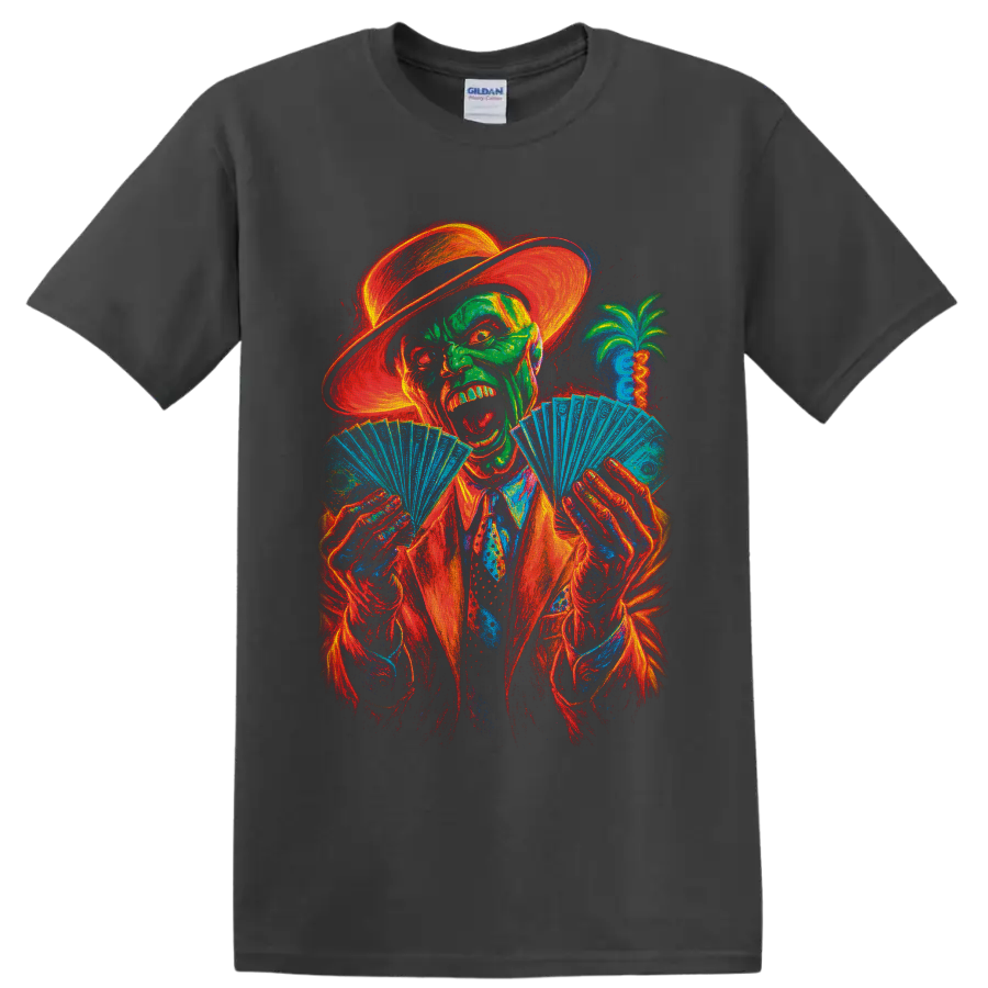 The Mask neon character in hat and suit fanning playing cards on a Charcoal T Shirt