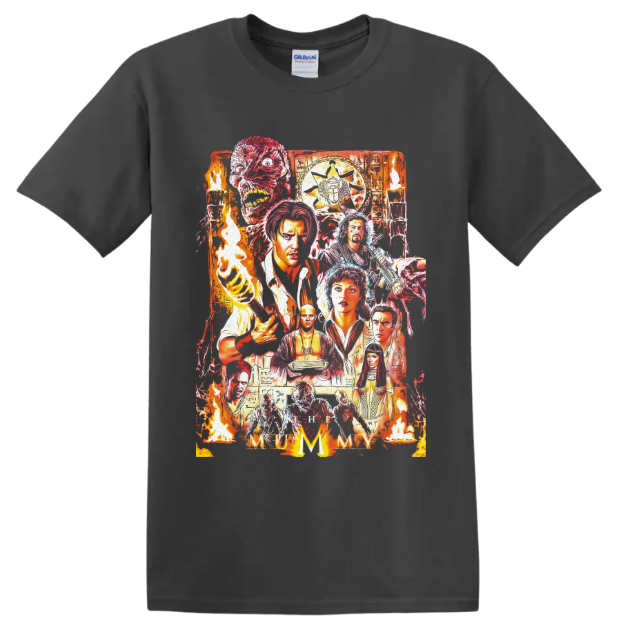 The Mummy 1999 fiery Egyptian horror collage with characters, mummy face, torches and on a Charcoal T Shirt