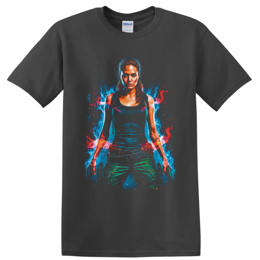 Lara Croft Tomb Raider neon digital portrait with blue energy, red sparks, and dual on a Charcoal T Shirt