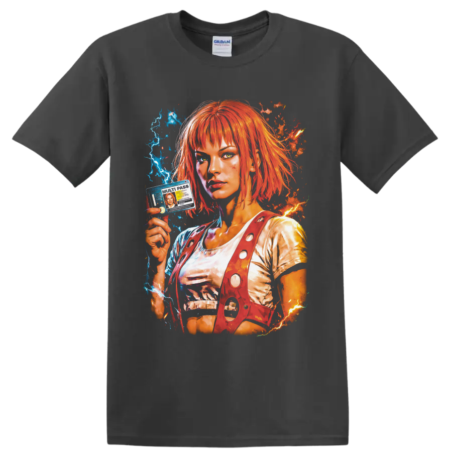 Leeloo portrait with orange hair, multipass, blue lightning, and fiery sci-fi energy on a Charcoal T Shirt