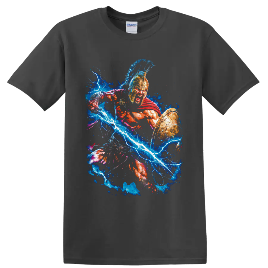 King Leonidas 300 Spartan warrior art with shield, red cape, and blue lightning on a Charcoal T Shirt