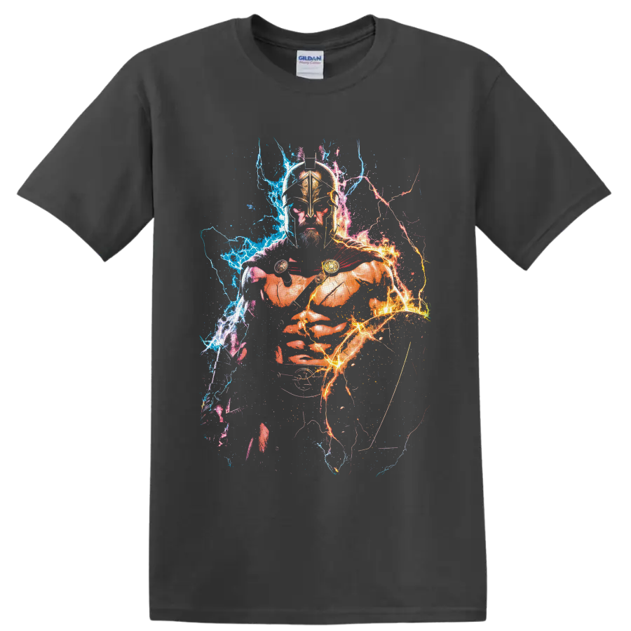 Leonidas 300 Spartan warrior with bronze helmet, red cloak, and blue-orange lightning on a Charcoal T Shirt