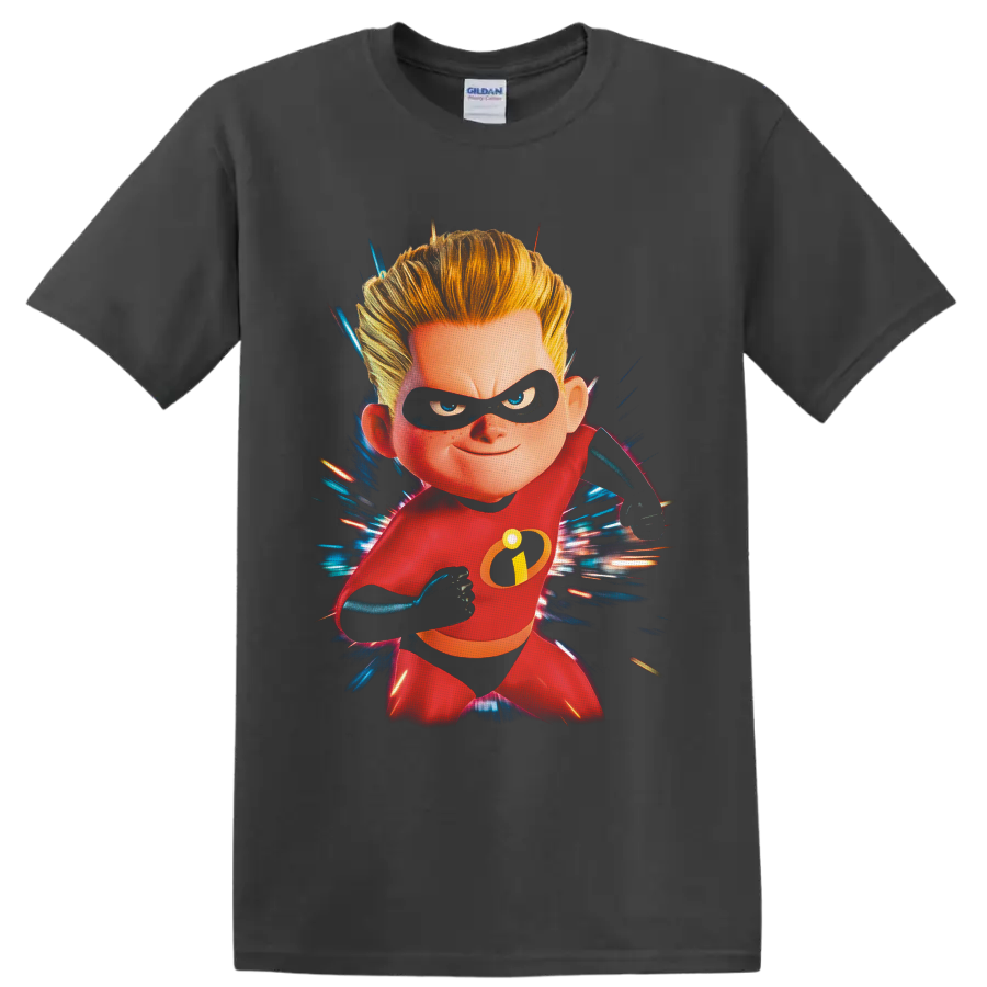 Dash Parr in red hero suit with black mask and blue red speed burst artwork on a Charcoal T Shirt
