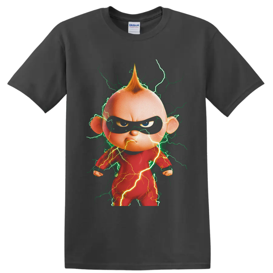 Jack-Jack Parr cartoon portrait with green and golden lightning bolts on a Charcoal T Shirt