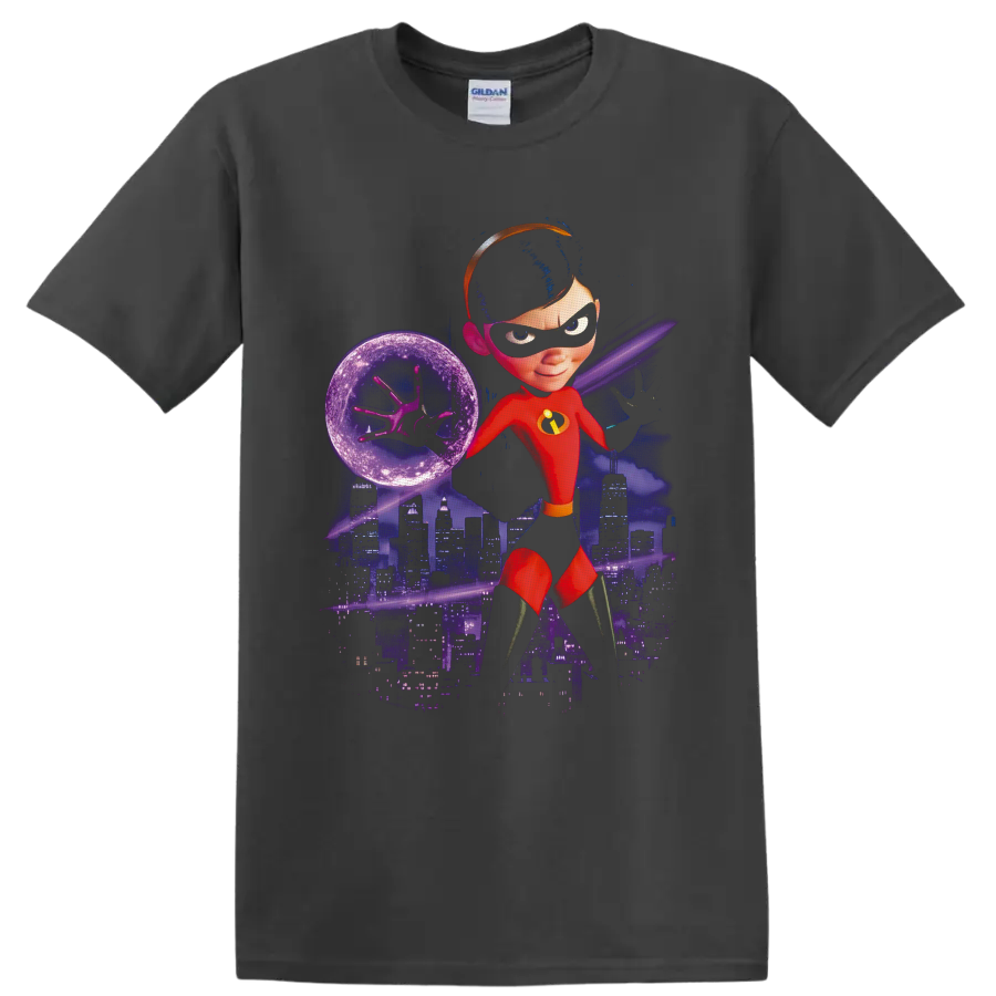 Violet Parr force-field superhero artwork with purple city skyline and cosmic background on a Charcoal T Shirt