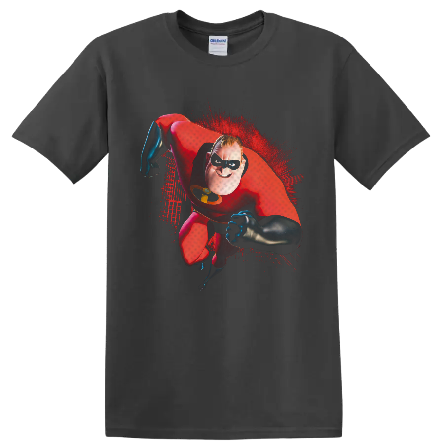 Mr. Incredible flying in red suit with black mask and red paint-splash artwork on a Charcoal T Shirt