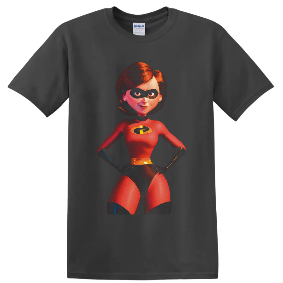 Elastigirl from The Incredibles in a vivid red superhero suit character portrait on a Charcoal T Shirt