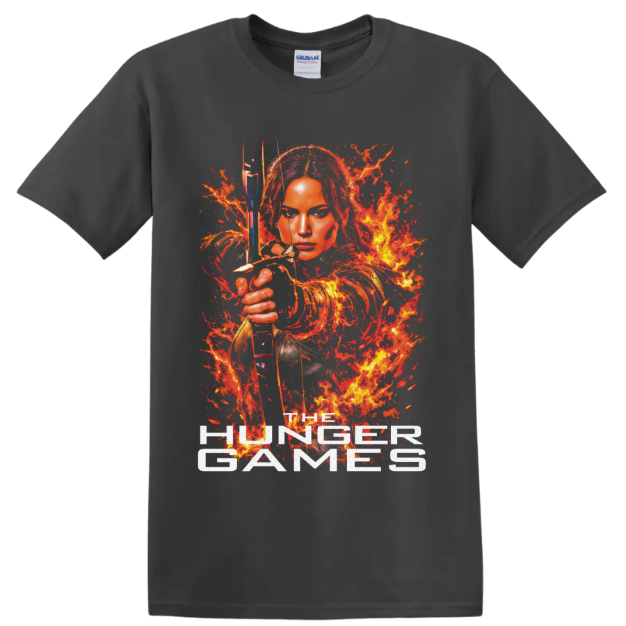 Katniss Everdeen fiery archer portrait with bow, arrow, flames, and The Hunger Games text on a Charcoal T Shirt