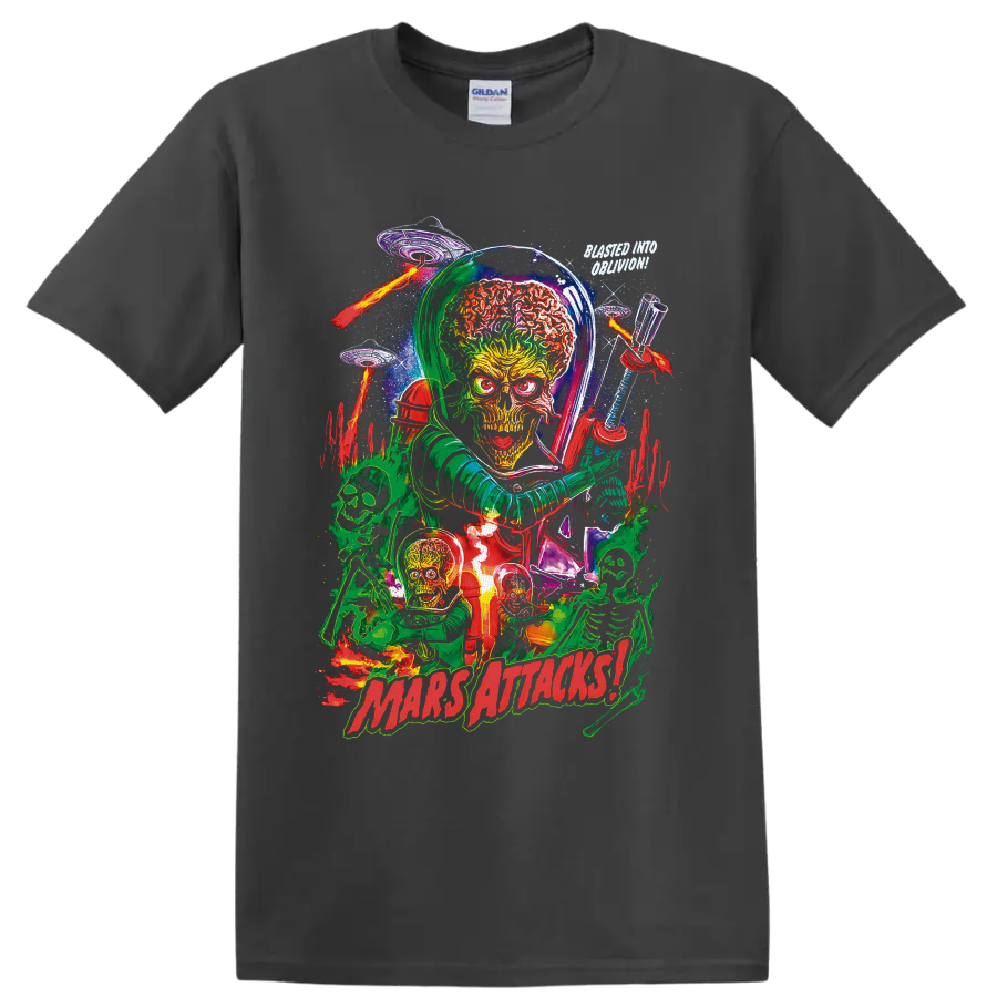 Mars Attacks Martian alien invasion art with saucers, skeletons, ray guns and flames on a Charcoal T Shirt