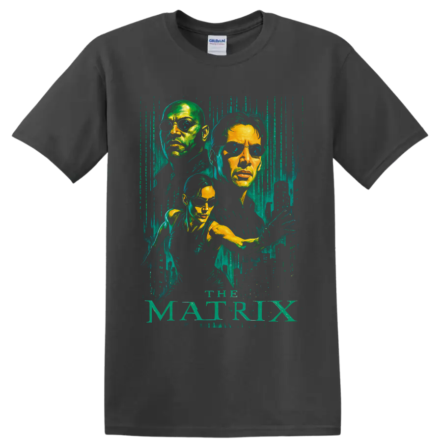 Neo, Morpheus and Trinity portraits with distressed green code and The Matrix text on a Charcoal T Shirt