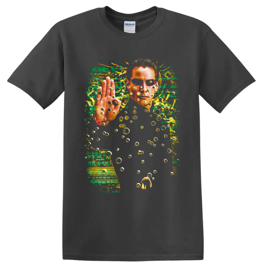 Neo from The Matrix with green code, floating bullets, and cyberpunk bullet-time art on a Charcoal T Shirt