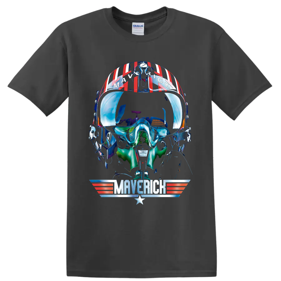 Pete Maverick Mitchell helmet graphic with winged Maverick emblem and retro aviation on a Charcoal T Shirt