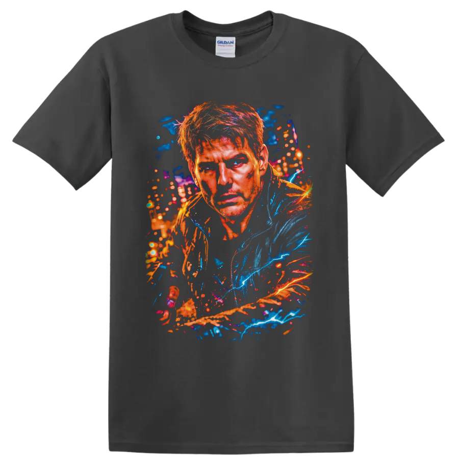 Pete Maverick Mitchell Top Gun neon splatter portrait with blue lightning on a Charcoal T Shirt
