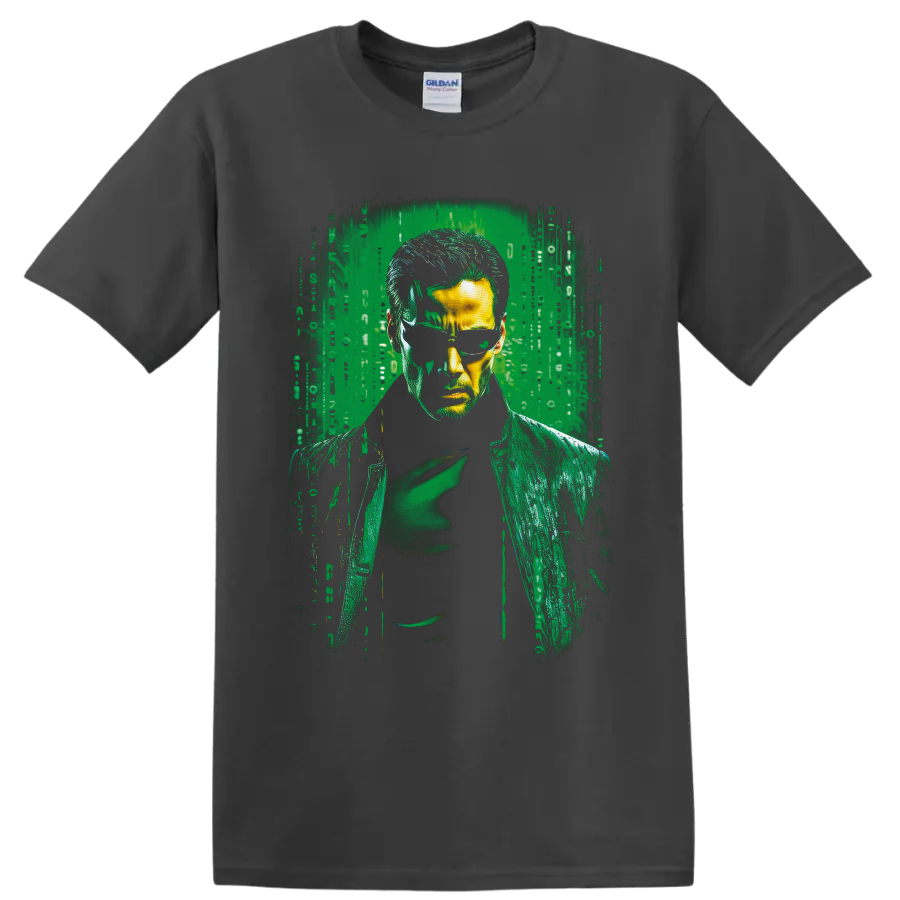 Albert Wesker Resident Evil portrait in green digital glitch horror style on a Charcoal T Shirt
