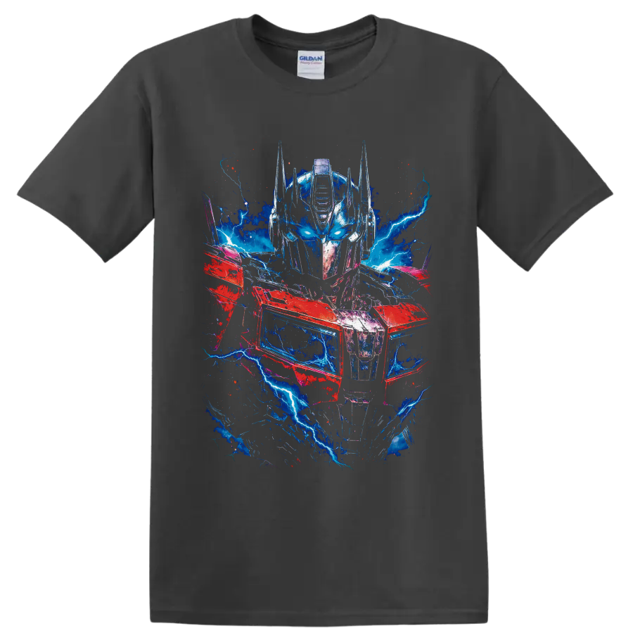 Optimus Prime robot portrait with blue lightning, red armor, and distressed sci-fi on a Charcoal T Shirt