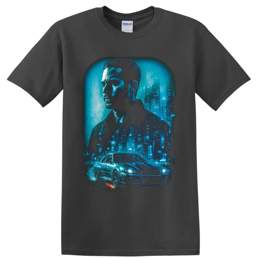Brian O'Conner portrait and Nissan Skyline GT-R in neon blue city racing artwork on a Charcoal T Shirt