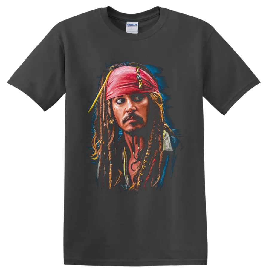 Captain Jack Sparrow painterly portrait with red bandana and beaded dreadlocks on a Charcoal T Shirt