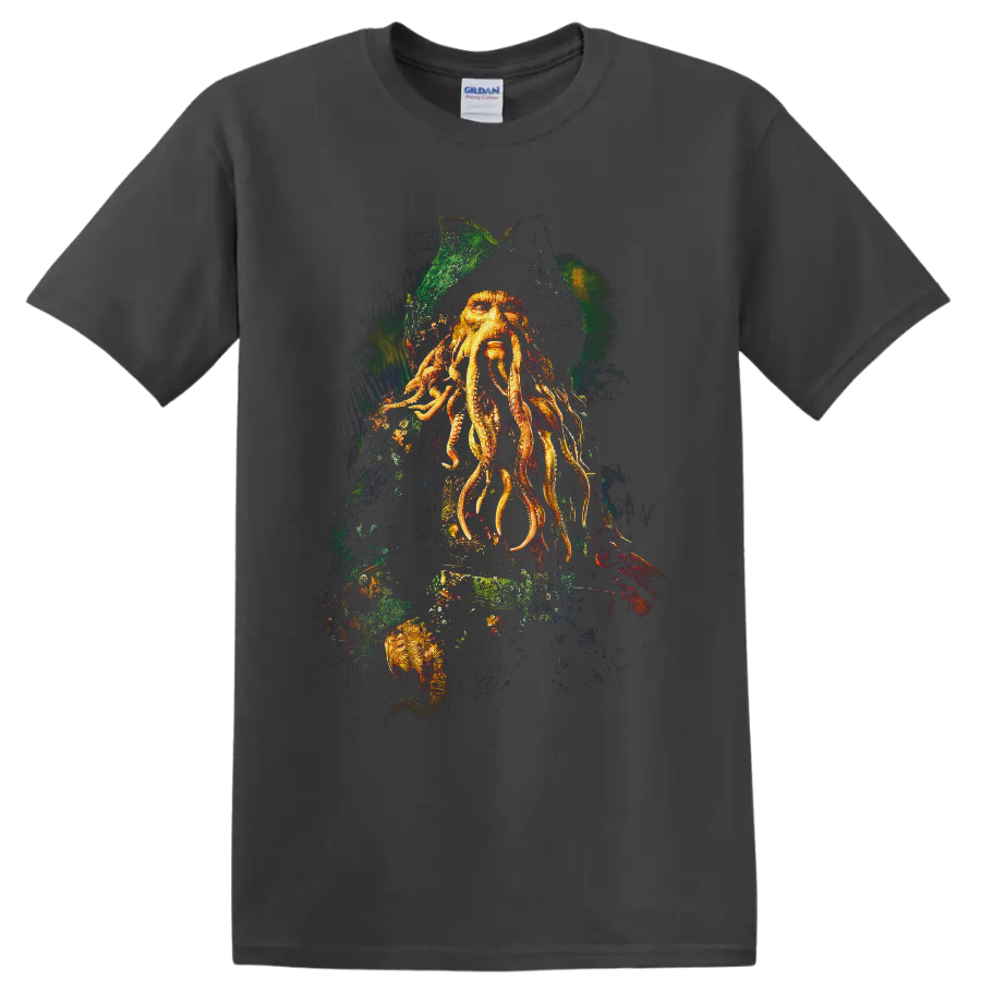 Davy Jones tentacled captain portrait in distressed nautical fantasy artwork on a Charcoal T Shirt