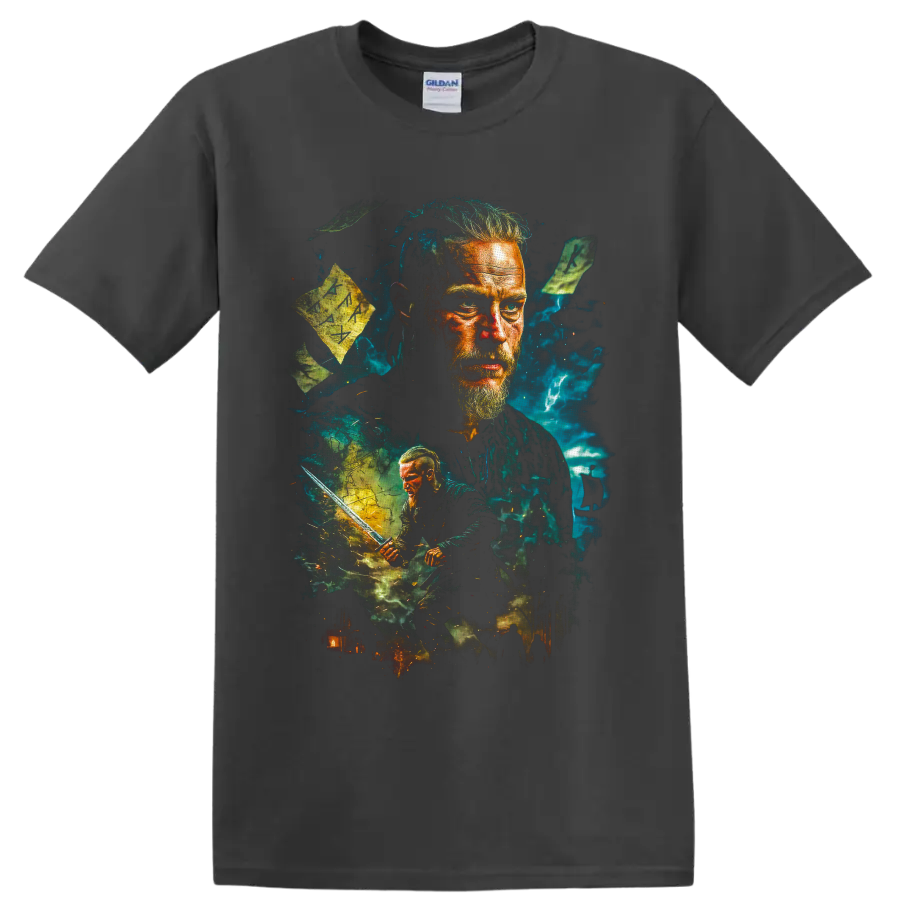 Ragnar Lothbrok Vikings warrior portrait with sword, rune stones, and teal storm art on a Charcoal T Shirt