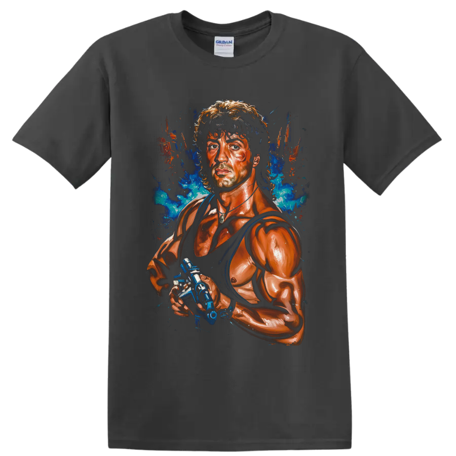 John Rambo tactical portrait with blue smoke and orange paint splatter artwork on a Charcoal T Shirt