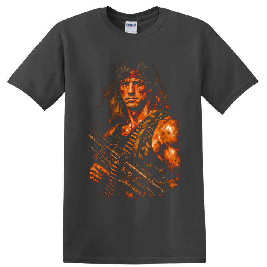 John Rambo First Blood distressed painterly portrait with rifle and ammunition belt on a Charcoal T Shirt