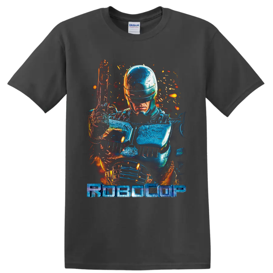 RoboCop cyborg police armor with raised sidearm, neon sparks, and RoboCop wordmark on a Charcoal T Shirt