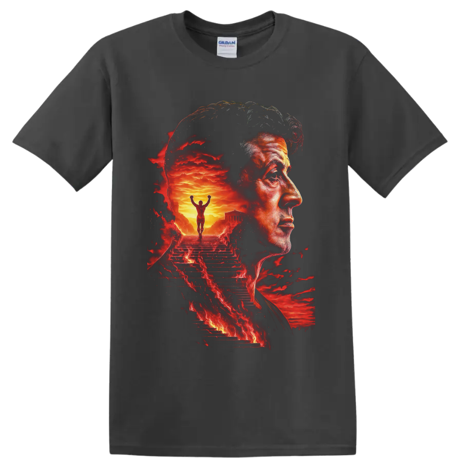 Rocky Balboa portrait with fiery Philadelphia steps and victorious boxer artwork on a Charcoal T Shirt