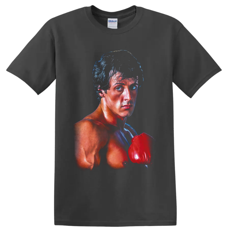 Rocky Balboa boxing portrait with a raised red glove in dramatic blue and red shading on a Charcoal T Shirt