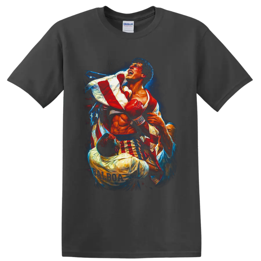 Rocky Balboa boxer in red gloves with an American flag and starry painterly backdrop on a Charcoal T Shirt