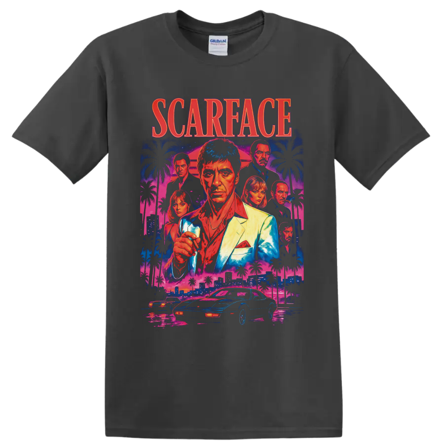 Scarface neon collage with Tony Montana, Elvira Hancock, palms, Miami skyline, and cars on a Charcoal T Shirt