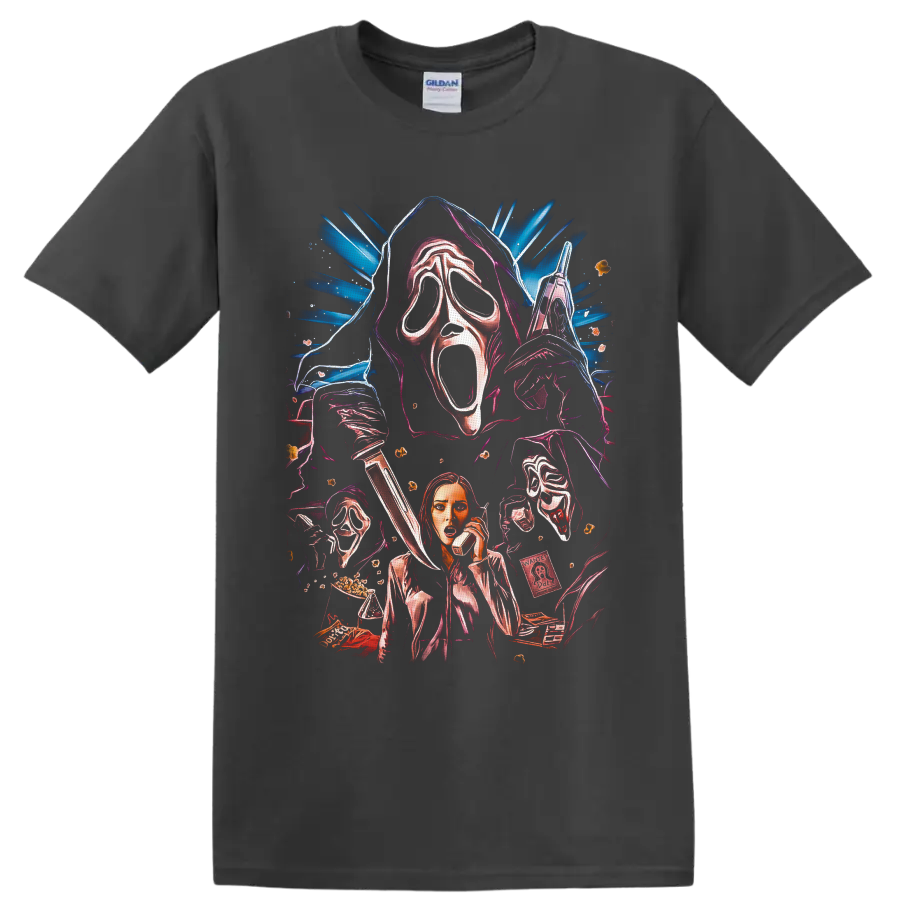 Ghostface and Sidney Prescott neon slasher collage with masks, knife, and phone on a Charcoal T Shirt