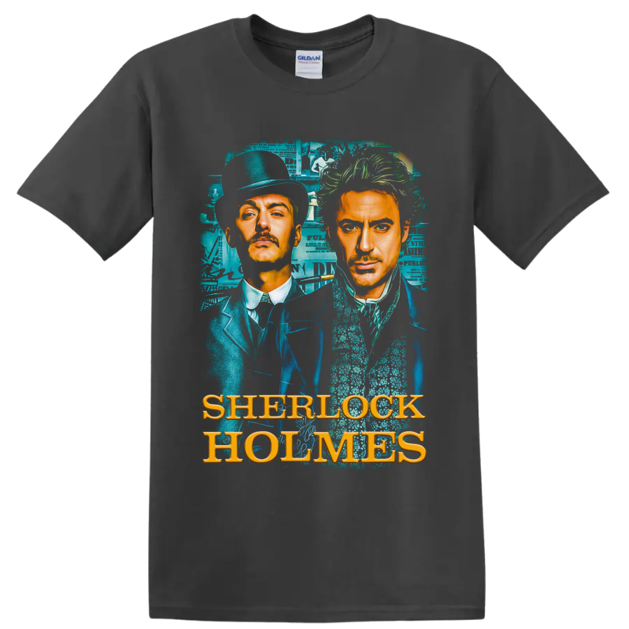 Sherlock Holmes and Dr. Watson Victorian portrait with teal collage and gold lettering on a Charcoal T Shirt