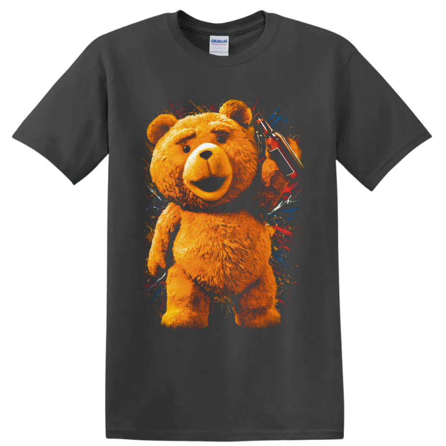 Ted bear holding red sunglasses and cup in colorful paint-splash graphic art on a Charcoal T Shirt