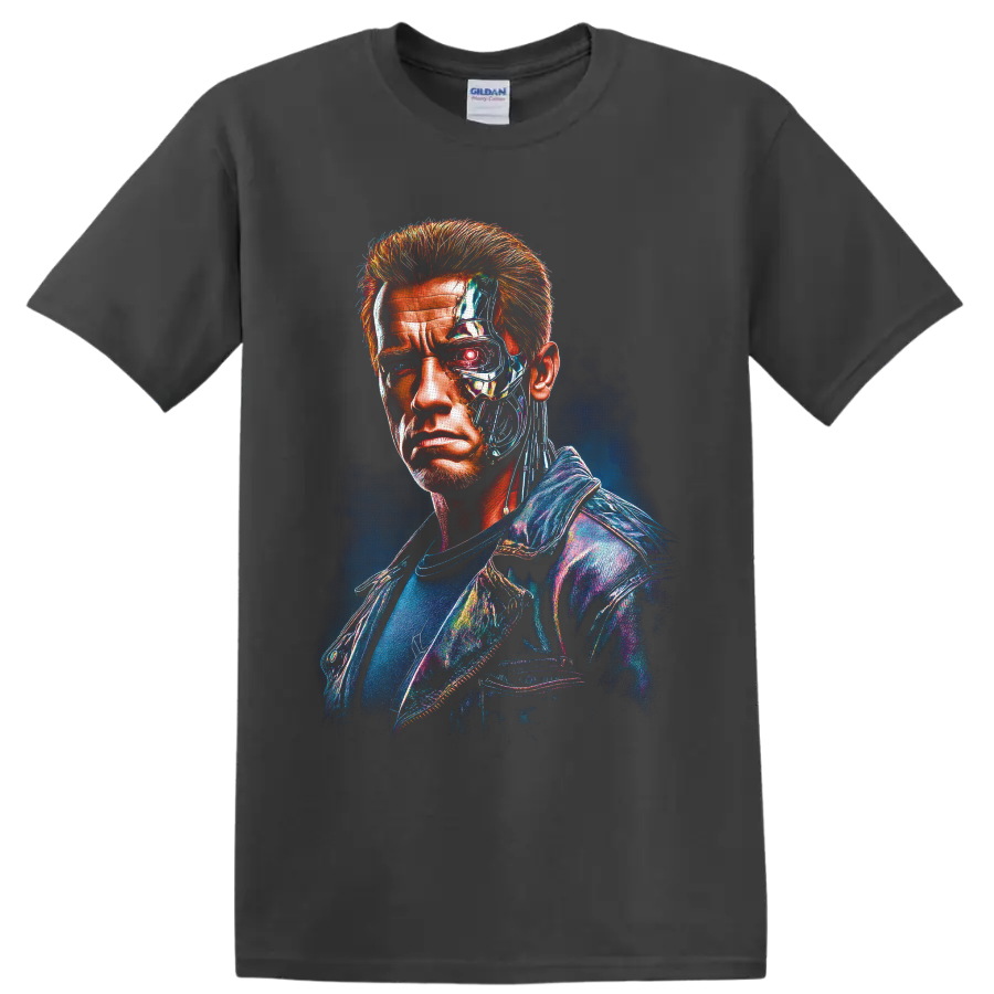 T-800 cybernetic half-human portrait with glowing red eye in neon sci-fi art on a Charcoal T Shirt
