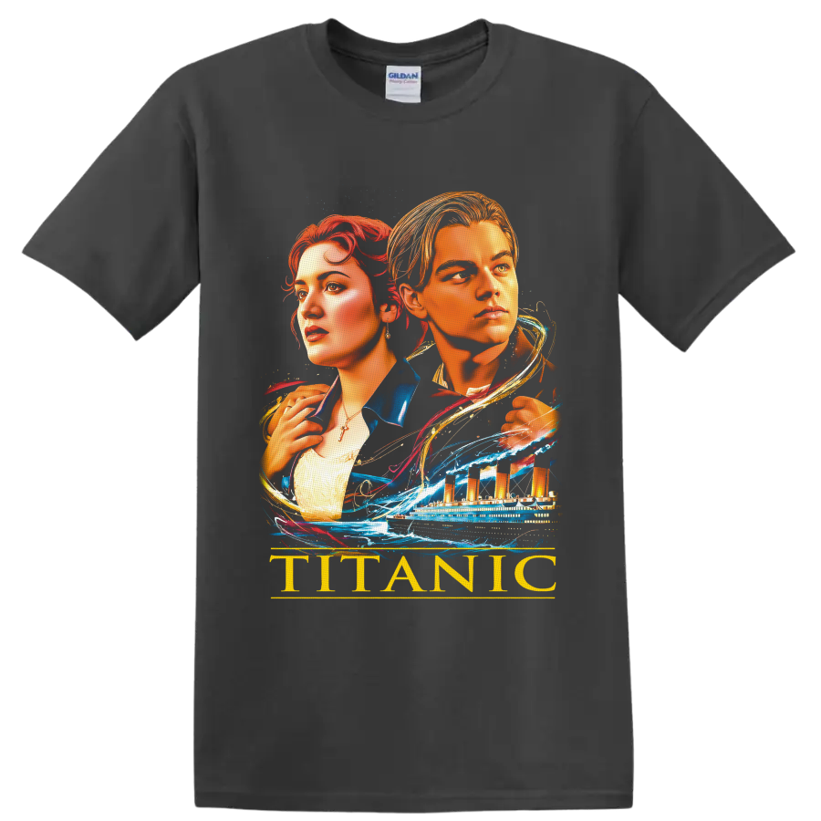 Jack and Rose Titanic portrait with ocean liner, waves, and gold TITANIC text on a Charcoal T Shirt