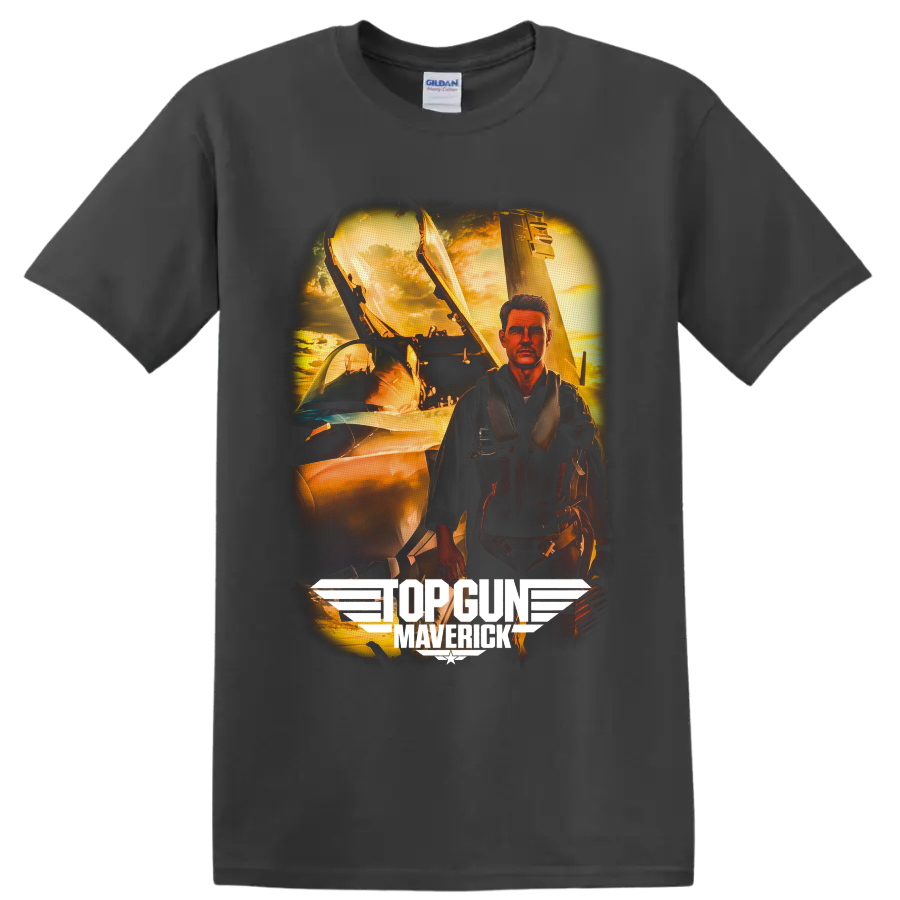 Pete Maverick Mitchell fighter pilot with jet and Top Gun Maverick sunset artwork on a Charcoal T Shirt